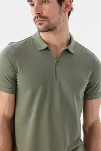 Lime Green Zippered Slim Fit Polo T-Shirt - 3