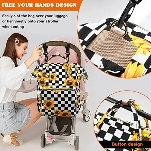 LIMHOO 3 in 1 Diaper Bag Backpack, Multifunction Large Baby Bags with Changing Pad & Stroller Straps, Waterproof Nappy Bag for Mom Baby Care (Checkered Sunflower) - 5