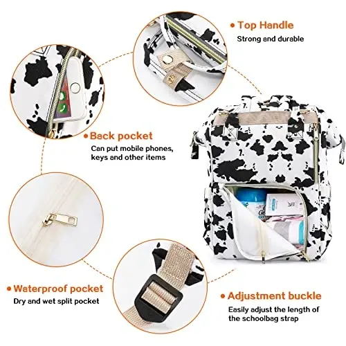 LIMHOO 3 in 1 Diaper Bag Backpack, Multifunction Large Baby Bags with Changing Pad & Stroller Straps, Waterproof Nappy Bag for Mom Baby Care (Cow Print) - 3
