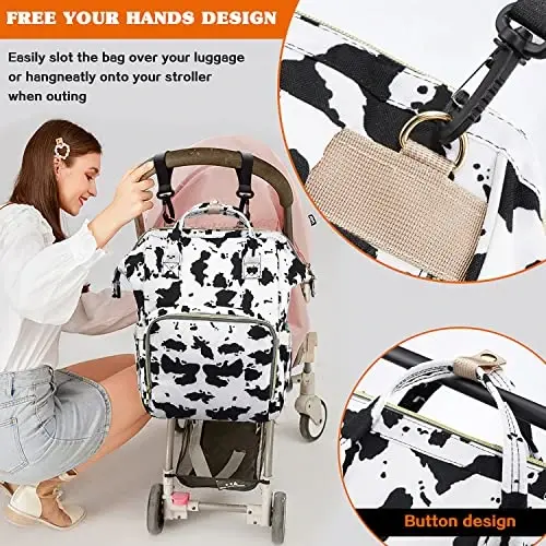 LIMHOO 3 in 1 Diaper Bag Backpack, Multifunction Large Baby Bags with Changing Pad & Stroller Straps, Waterproof Nappy Bag for Mom Baby Care (Cow Print) - 5