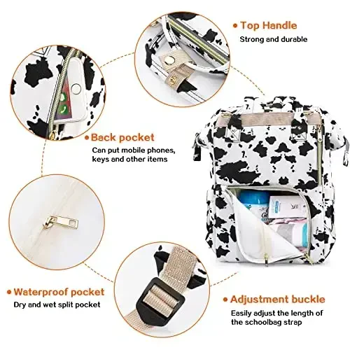 LIMHOO 3 in 1 Diaper Bag Backpack, Multifunction Large Baby Bags with Changing Pad & Stroller Straps, Waterproof Nappy Bag for Mom Baby Care (Cow Print) - 3
