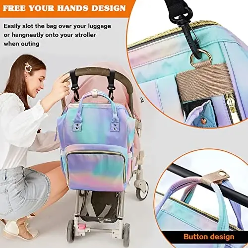 LIMHOO 3 in 1 Diaper Bag Backpack, Multifunction Large Baby Bags with Changing Pad & Stroller Straps, Waterproof Nappy Bag for Mom Baby Care (Rainbow) - 5