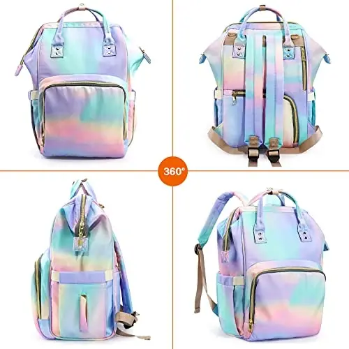 LIMHOO 3 in 1 Diaper Bag Backpack, Multifunction Large Baby Bags with Changing Pad & Stroller Straps, Waterproof Nappy Bag for Mom Baby Care (Rainbow) - 7