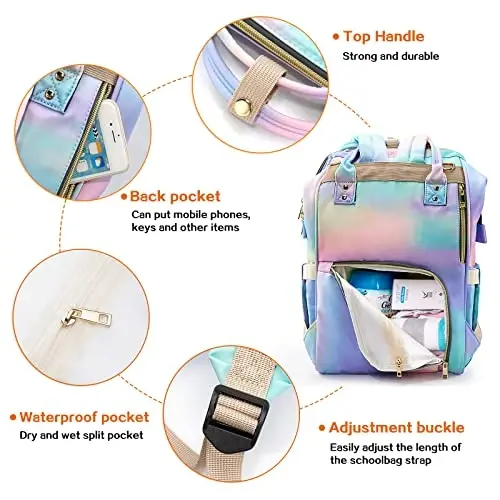 LIMHOO 3 in 1 Diaper Bag Backpack, Multifunction Large Baby Bags with Changing Pad & Stroller Straps, Waterproof Nappy Bag for Mom Baby Care (Rainbow) - 3