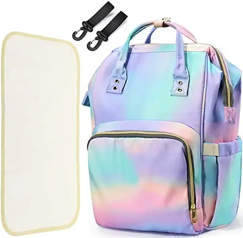 LIMHOO 3 in 1 Diaper Bag Backpack, Multifunction Large Baby Bags with Changing Pad & Stroller Straps, Waterproof Nappy Bag for Mom Baby Care (Rainbow) 