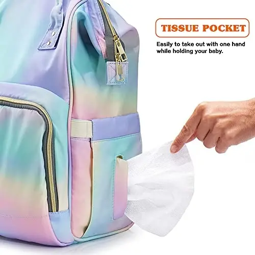 LIMHOO 3 in 1 Diaper Bag Backpack, Multifunction Large Baby Bags with Changing Pad & Stroller Straps, Waterproof Nappy Bag for Mom Baby Care (Rainbow) - 4