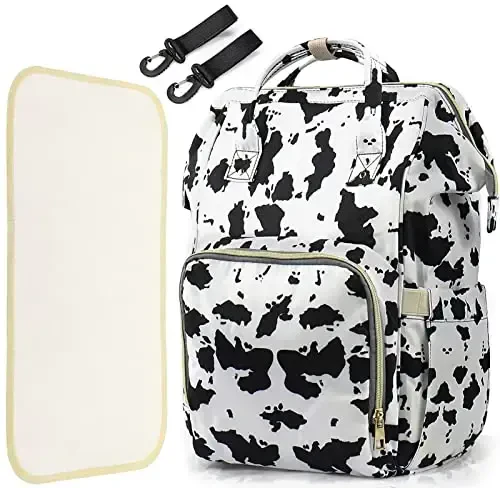LIMHOO 3 in 1 Diaper Bag Backpack, Multifunction Large Baby Bags with Changing Pad & Stroller Straps, Waterproof Nappy Bag for Mom Baby Care (Cow Print) - 1