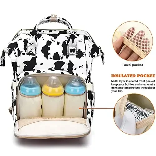 LIMHOO 3 in 1 Diaper Bag Backpack, Multifunction Large Baby Bags with Changing Pad & Stroller Straps, Waterproof Nappy Bag for Mom Baby Care (Cow Print) - 2