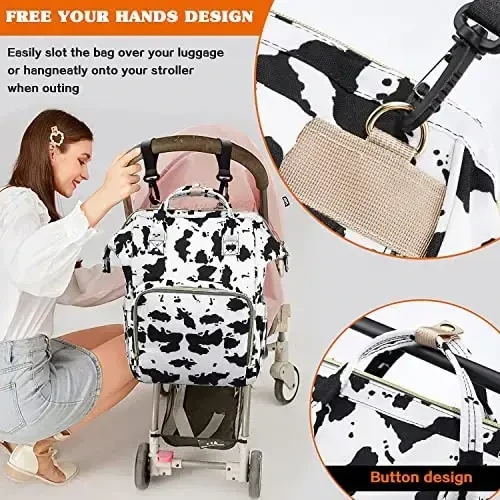 LIMHOO 3 in 1 Diaper Bag Backpack, Multifunction Large Baby Bags with Changing Pad & Stroller Straps, Waterproof Nappy Bag for Mom Baby Care (Cow Print) - 5