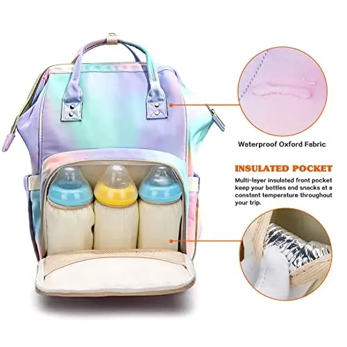 LIMHOO 3 in 1 Diaper Bag Backpack, Multifunction Large Baby Bags with Changing Pad & Stroller Straps, Waterproof Nappy Bag for Mom Baby Care (Rainbow) - 2