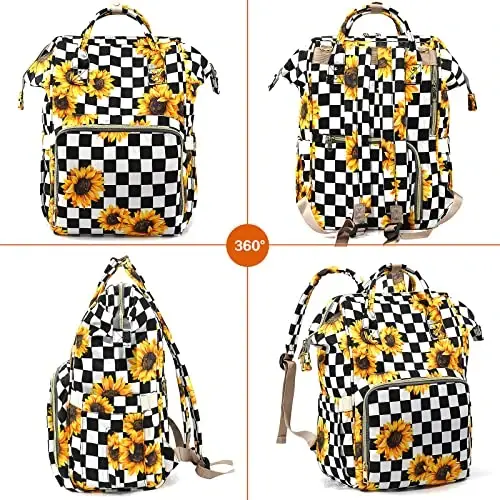 LIMHOO 3 in 1 Diaper Bag Backpack, Multifunction Large Baby Bags with Changing Pad & Stroller Straps, Waterproof Nappy Bag for Mom Baby Care (Checkered Sunflower) - 7