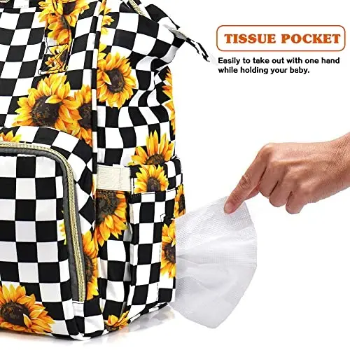 LIMHOO 3 in 1 Diaper Bag Backpack, Multifunction Large Baby Bags with Changing Pad & Stroller Straps, Waterproof Nappy Bag for Mom Baby Care (Checkered Sunflower) - 4