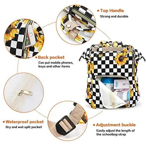 LIMHOO 3 in 1 Diaper Bag Backpack, Multifunction Large Baby Bags with Changing Pad & Stroller Straps, Waterproof Nappy Bag for Mom Baby Care (Checkered Sunflower) - 3