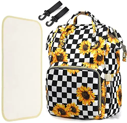 LIMHOO 3 in 1 Diaper Bag Backpack, Multifunction Large Baby Bags with Changing Pad & Stroller Straps, Waterproof Nappy Bag for Mom Baby Care (Checkered Sunflower) - 1