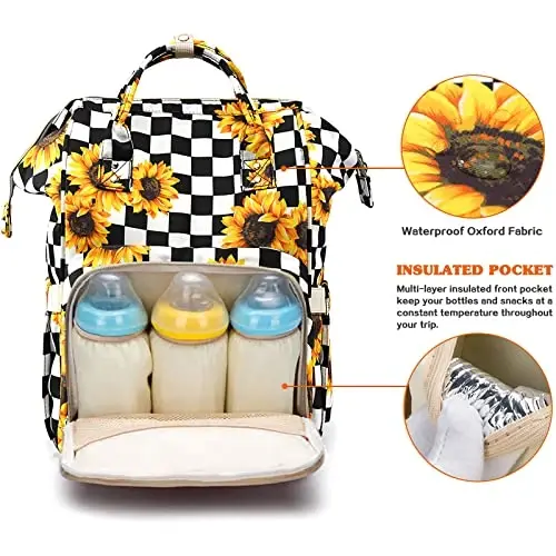 LIMHOO 3 in 1 Diaper Bag Backpack, Multifunction Large Baby Bags with Changing Pad & Stroller Straps, Waterproof Nappy Bag for Mom Baby Care (Checkered Sunflower) - 2