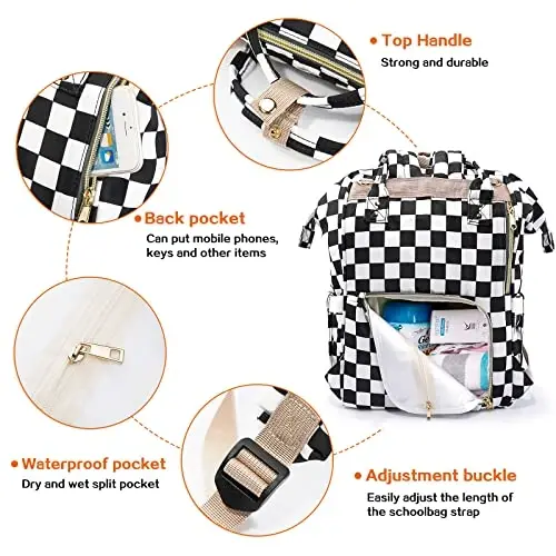 LIMHOO 3 in 1 Diaper Bag Backpack, Multifunction Large Baby Bags with Changing Pad & Stroller Straps, Waterproof Nappy Bag for Mom Baby Care (Checkered) - 3