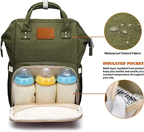 LIMHOO Diaper Bag Backpack for Men Dad, Waterproof Large Canvas Camo Nappy Bags, Baby Care Bag (Army Green) - 2
