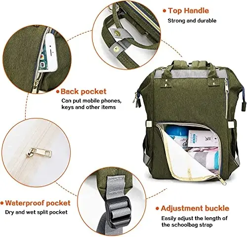 LIMHOO Diaper Bag Backpack for Men Dad, Waterproof Large Canvas Camo Nappy Bags, Baby Care Bag (Army Green) - 3