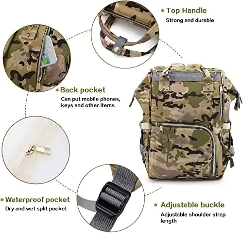 LIMHOO Diaper Bag Backpack for Men Dad, Waterproof Large Canvas Camo Nappy Bags, Baby Care Bag (Camo) - 3