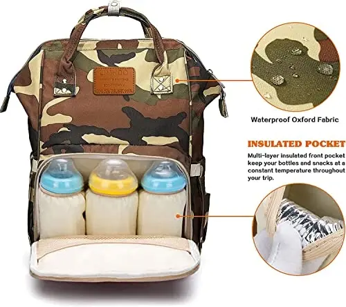 LIMHOO Diaper Bag Backpack for Men Dad, Waterproof Large Canvas Camo Nappy Bags, Baby Care Bag (Jungle Camouflage) - 2