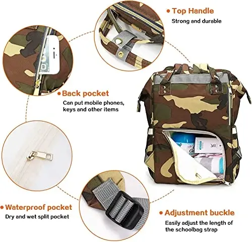 LIMHOO Diaper Bag Backpack for Men Dad, Waterproof Large Canvas Camo Nappy Bags, Baby Care Bag (Jungle Camouflage) - 3