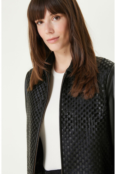 Limited Black Knit Detail Leather Jacket - 8