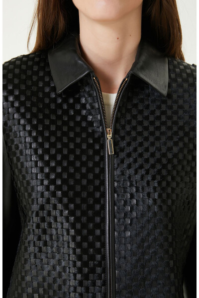 Limited Black Knit Detail Leather Jacket - 5