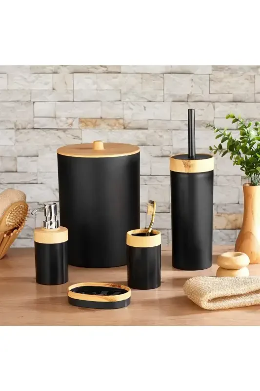 Limpia Bamboo Patterned 5-Piece Bathroom Set Trash Can Liquid Soap Dispenser Toothbrush Holder Box Bathroom Set Black-BLACK - BERSACHEF