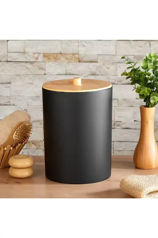 Limpia Bamboo Patterned 5-Piece Bathroom Set Trash Can Liquid Soap Dispenser Toothbrush Holder Box Bathroom Set Black-BLACK - 2