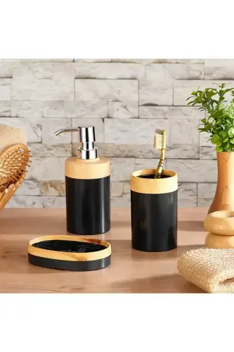 Limpia Bamboo Patterned 5-Piece Bathroom Set Trash Can Liquid Soap Dispenser Toothbrush Holder Box Bathroom Set Black-BLACK - 6