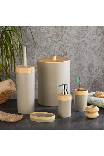 Limpia Bamboo Patterned 5-Piece Bathroom Set Trash Can Liquid Soap Dispenser Toothbrush Holder Box Bathroom Set Cream - BERSACHEF
