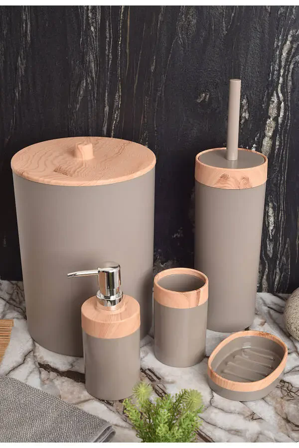 Limpia Bamboo Patterned 5-Piece Bathroom Set Trash Can Liquid Soap Dispenser Toothbrush Holder Box Bathroom Set Cream - 2