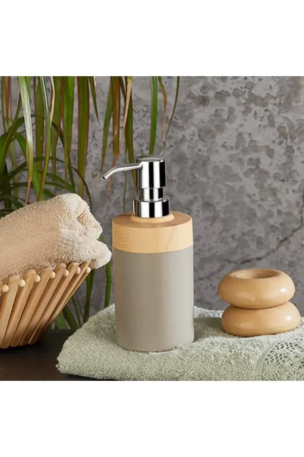 Limpia Bamboo Patterned 5-Piece Bathroom Set Trash Can Liquid Soap Dispenser Toothbrush Holder Box Bathroom Set Cream - 5