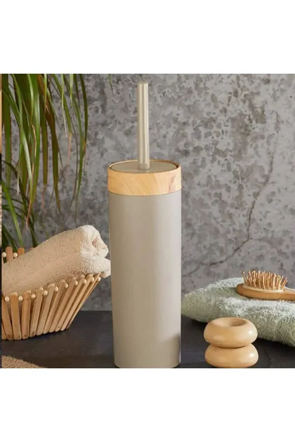 Limpia Bamboo Patterned 5-Piece Bathroom Set Trash Can Liquid Soap Dispenser Toothbrush Holder Box Bathroom Set Cream - 6
