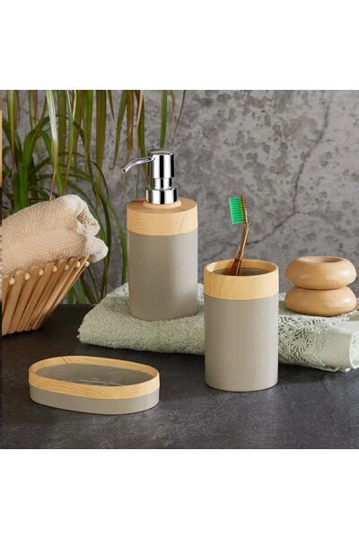 Limpia Bamboo Patterned 5-Piece Bathroom Set Trash Can Liquid Soap Dispenser Toothbrush Holder Box Bathroom Set Cream - 7
