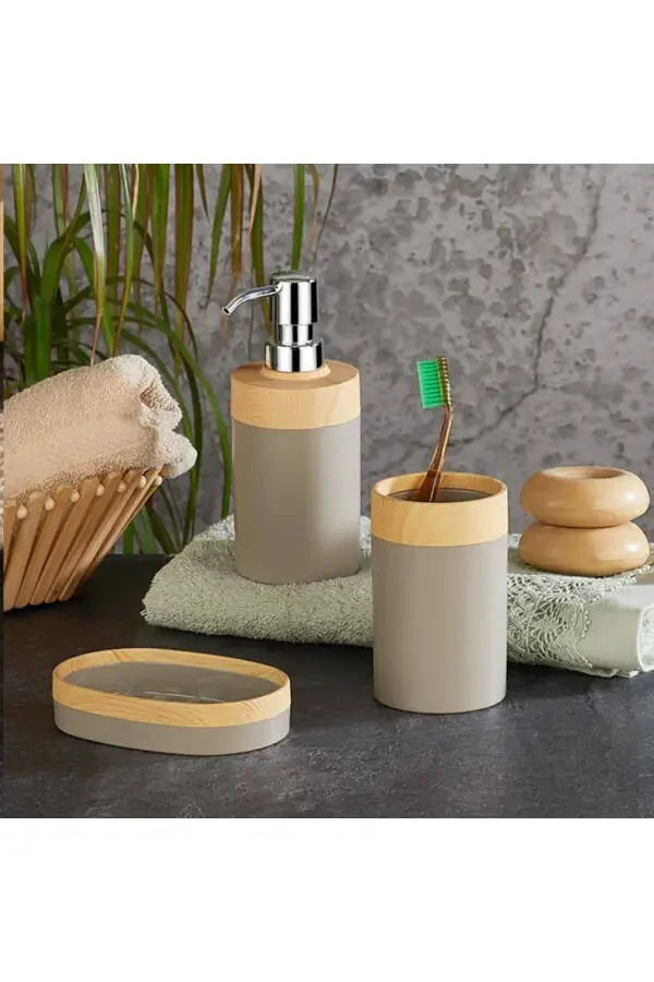 Limpia Bamboo Patterned 5-Piece Bathroom Set Trash Can Liquid Soap Dispenser Toothbrush Holder Box Bathroom Set Cream - 7