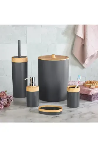 Limpia Bamboo Patterned 5-Piece Bathroom Set Trash Can Liquid Soap Dispenser Toothbrush Holder Box Bathroom Set Gray-Gray - 1
