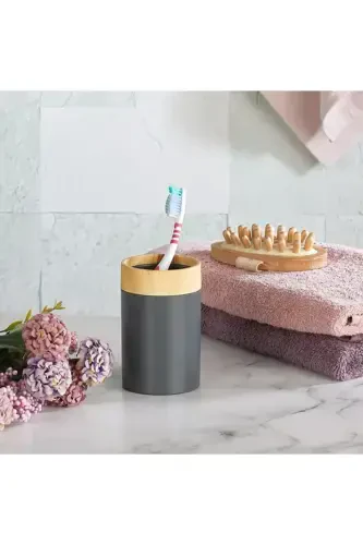 Limpia Bamboo Patterned 5-Piece Bathroom Set Trash Can Liquid Soap Dispenser Toothbrush Holder Box Bathroom Set Gray-Gray - 5