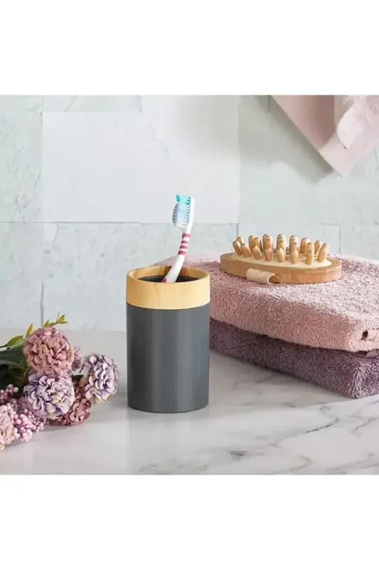 Limpia Bamboo Patterned 5-Piece Bathroom Set Trash Can Liquid Soap Dispenser Toothbrush Holder Box Bathroom Set Gray-Gray - 5