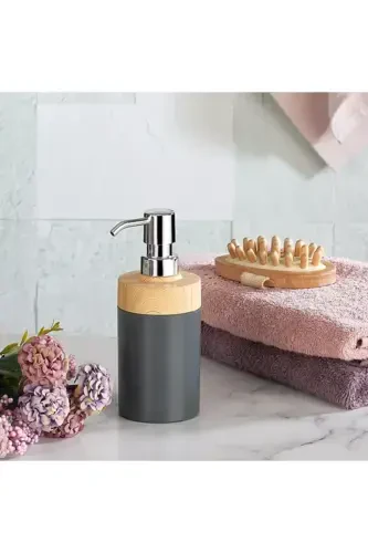 Limpia Bamboo Patterned 5-Piece Bathroom Set Trash Can Liquid Soap Dispenser Toothbrush Holder Box Bathroom Set Gray-Gray - 6