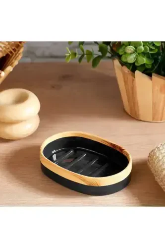 Limpia Bamboo Patterned Black 5-Piece Bathroom Set Trash Can, Liquid Soap Dispenser, Toothbrush Holder-black - 4