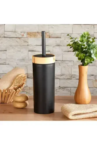 Limpia Bamboo Patterned Black 5-Piece Bathroom Set Trash Can, Liquid Soap Dispenser, Toothbrush Holder-black - 7
