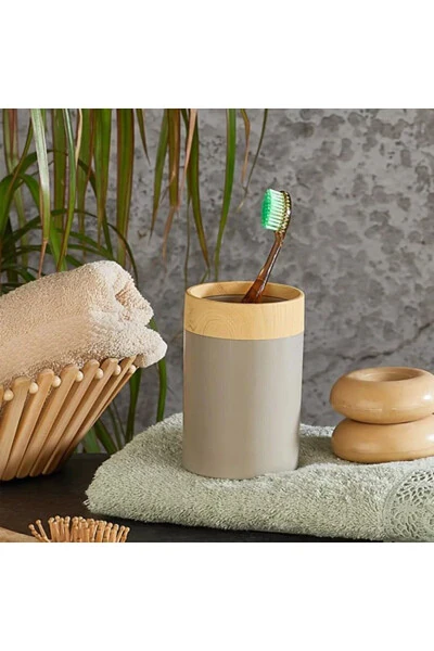 Limpia Bamboo Patterned Cream 5-Piece Bathroom Set Trash Can - MUTFAK KÖŞESI (1)