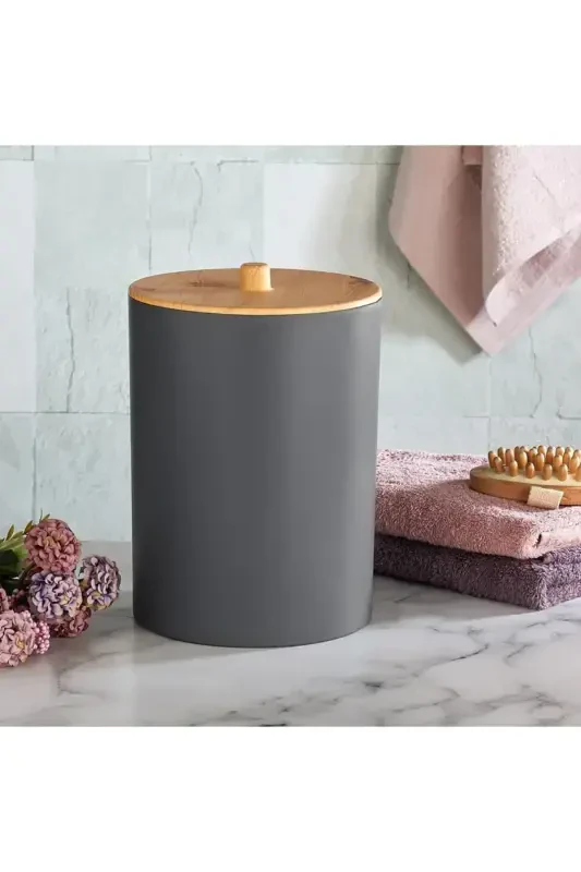 Limpia Bambu Desenli 5'li Banyo Seti Çöp Kovası Sıvı Sabunluk Diş Fırçalık Kutusu Banyo Seti Gri-Gri - 3