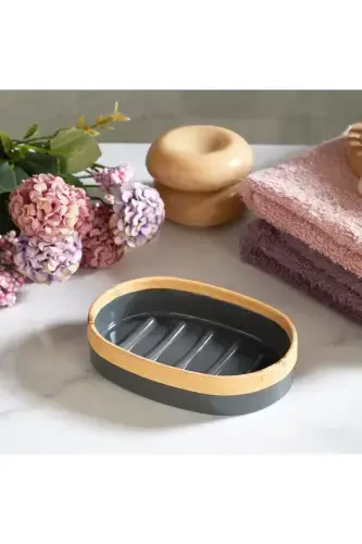 Limpia Bambu Desenli 5'li Banyo Seti Çöp Kovası Sıvı Sabunluk Diş Fırçalık Kutusu Banyo Seti Gri-Gri - 4