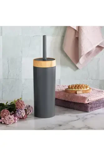 Limpia Bambu Desenli 5'li Banyo Seti Çöp Kovası Sıvı Sabunluk Diş Fırçalık Kutusu Banyo Seti Gri-Gri - 7