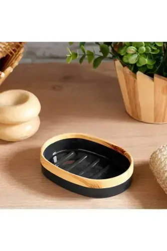 Limpia Bambu Desenli 5'li Banyo Seti Çöp Kovası Sıvı Sabunluk Diş Fırçalık Kutusu Banyo Seti Siyah-sİYAH - 4