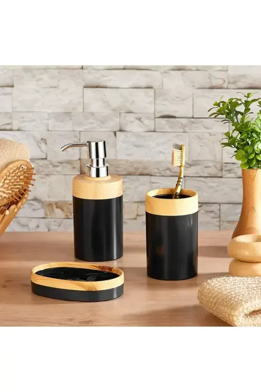 Limpia Bambu Desenli 5'li Banyo Seti Çöp Kovası Sıvı Sabunluk Diş Fırçalık Kutusu Banyo Seti Siyah-sİYAH - 6