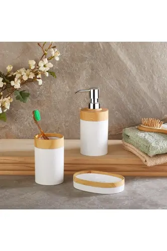 Limpia Bambu Desenli 5'li Banyo Seti Çöp Kovası Sıvı Sabunluk Diş Fırçalık Kutusu Banyo Seti Beyaz - Beyaz - 4