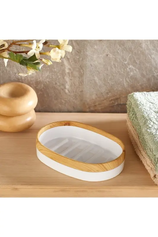 Limpia Bambu Desenli 5'li Banyo Seti Çöp Kovası Sıvı Sabunluk Diş Fırçalık Kutusu Banyo Seti Beyaz - Beyaz - 6